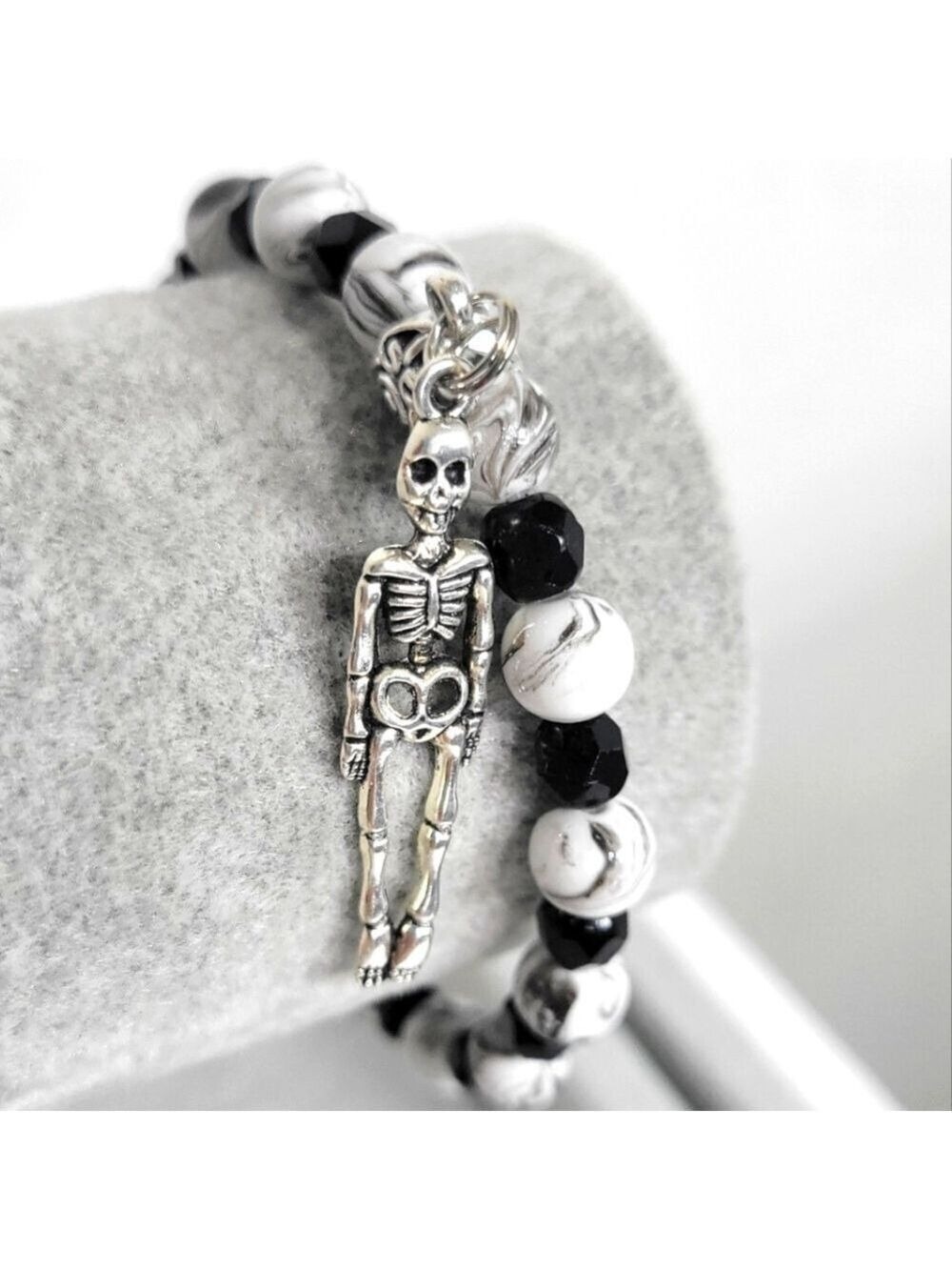 Handmade Black White Beaded Skeleton Charm Bracelet